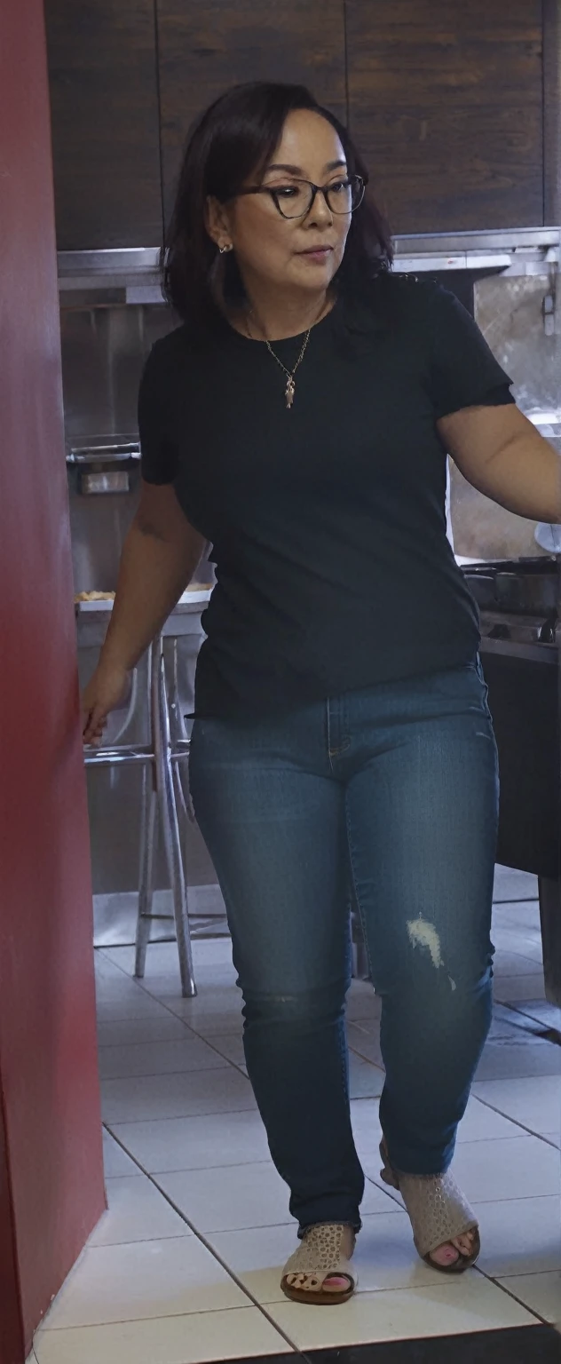 woman in black shirt and jeans standing in kitchen with a dog, middle shot waist up, uhd candid photo of dirty, distant full body shot, black extremely tight jeans, zoomed out full body, standing in a restaurant, wearing jeans, close up to a skinny, low quality video, ( ( ( wearing jeans ) ) ), full body profile camera shot