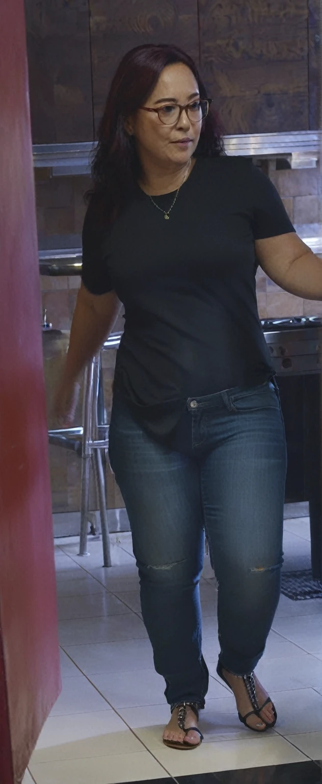 woman in black shirt and jeans standing in kitchen with a dog, middle shot waist up, uhd candid photo of dirty, distant full body shot, black extremely tight jeans, zoomed out full body, standing in a restaurant, wearing jeans, close up to a skinny, low quality video, ( ( ( wearing jeans ) ) ), full body profile camera shot