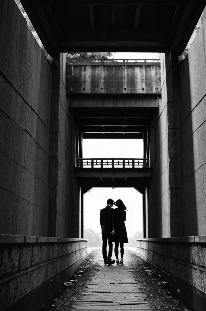 A broken heart with a bridge and a person with the back crossing it, black and white
