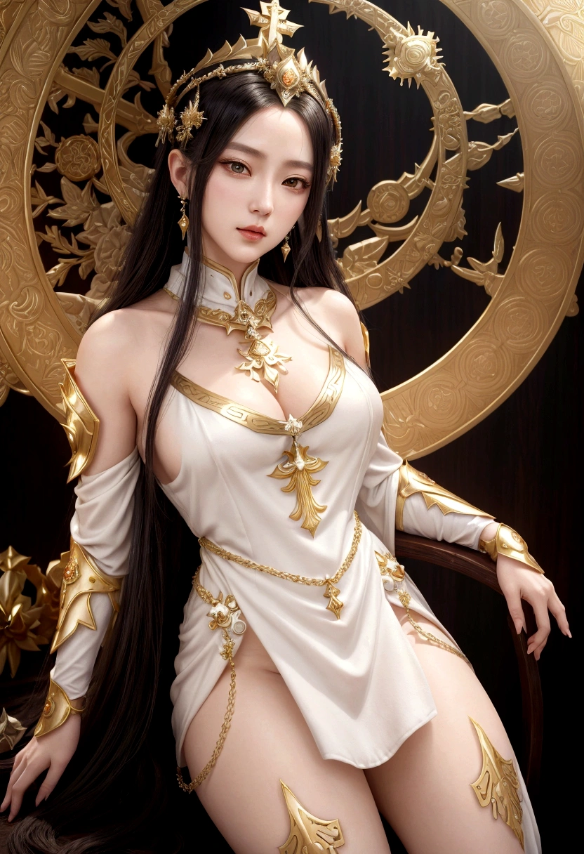 a woman in a white dress and gold armor posing for a picture, a beautiful fantasy empress, ((a beautiful fantasy empress)), anime goddess, inspired by Lan Ying, trending on cgstation, white and gold priestess robes, full body xianxia, extremely detailed goddess shot, beautiful celestial mage, goddess. extremely high detail, white robe with gold accents