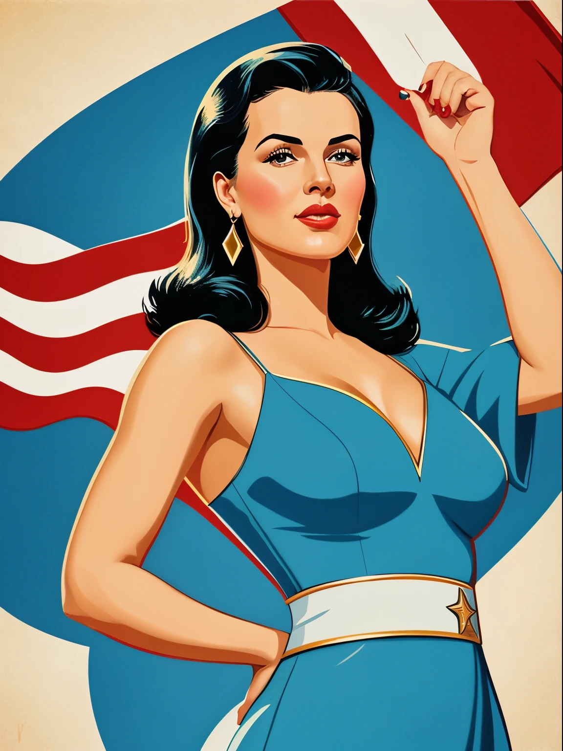 Close-up of a brunette woman wearing a light blue and white dress with golden suns, holding a Roman scales of justice in front of an American flag, American dream, stylized digital illustration, official artwork, retro artwork, pike as a woman, wave soviet, beautiful retro art, pin-up art, vivid American colors, in digital illustration style, official illustration, 2k, 2k, vintage illustration, illustrative art