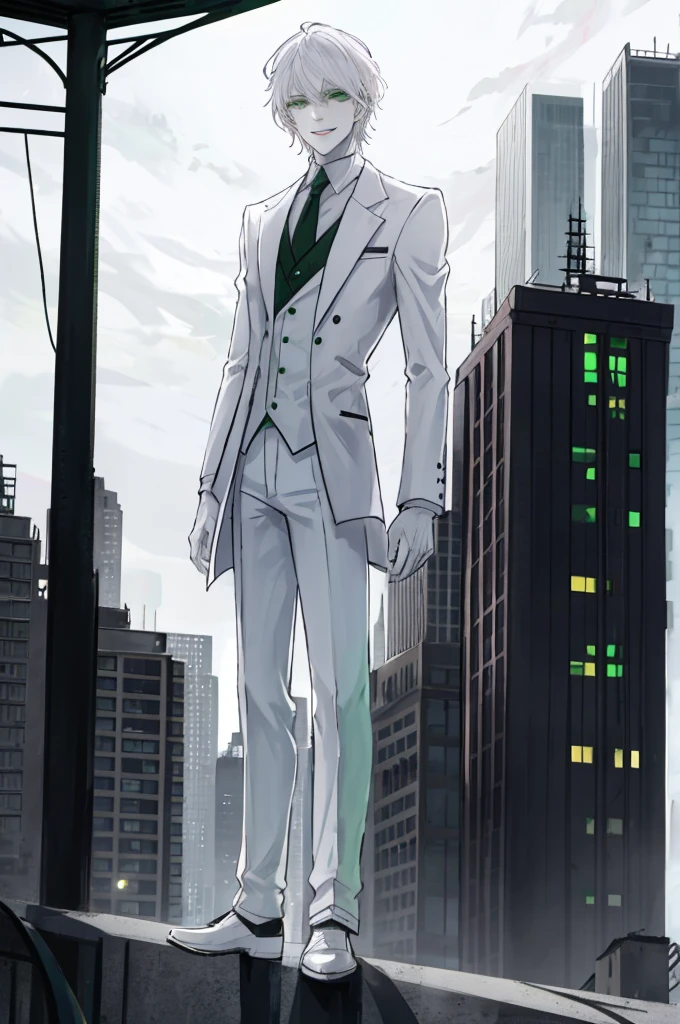 city Background,Solo Male, White hair, Green Eyes White Suit, White pants, pale skin, Evil smile, slim,From Side,ruin city background,Standing on the roof of a building,
