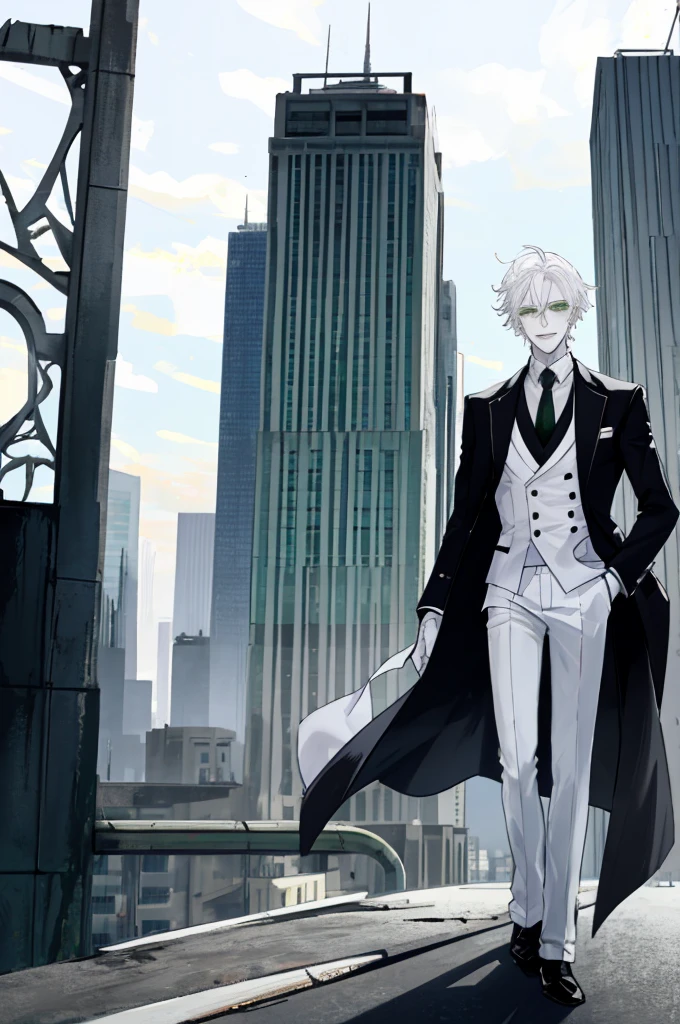 city Background,Solo Male, White hair, Green Eyes White Suit, White pants, pale skin, Evil smile, slim,From Side,ruin city background,Standing on the roof of a building,
