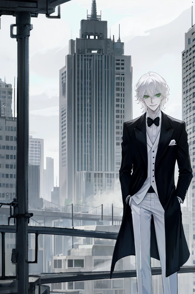 city Background,Solo Male, White hair, Green Eyes White Suit, White pants,  pale skin, Evil smile, slim,From Side,ruin city background,Standing on the roof of a building,