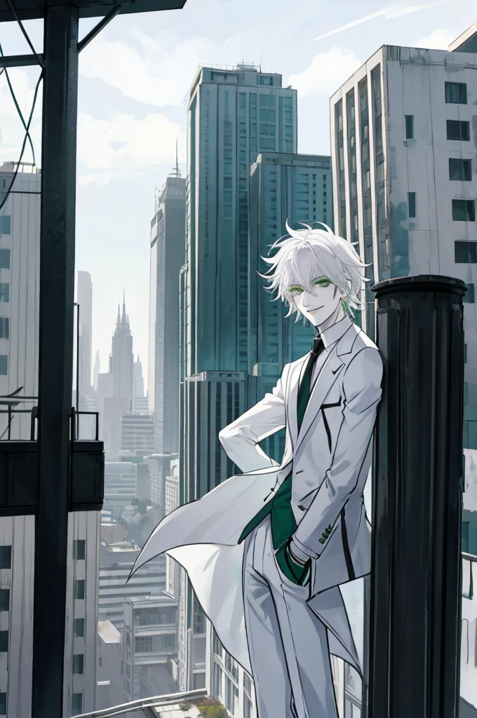 city Background,Solo Male, White hair, Green Eyes White Suit, White pants, pale skin, Evil smile, slim,From Side,ruin city background,Standing on the roof of a building,