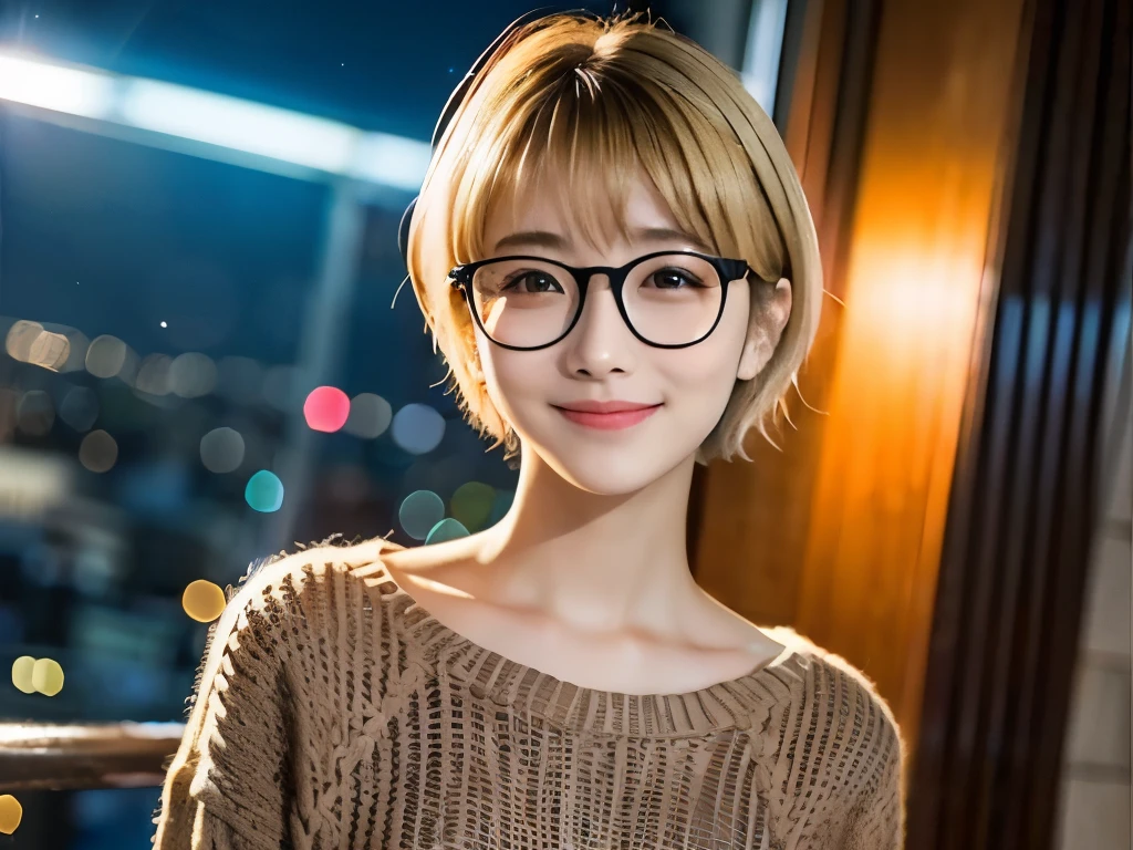 Japanese girl in casual clothes、Observe the audience、Tokyo cityscape at night、(Highest quality、masterpiece)))、HD Fine、Very detailed、masterpiece、Cinema Lighting、(8K、Highest quality、masterpiece:1.2)、(Realistic、Realistic:1.37) High resolution、Very detailed、Woman wearing glasses、A look of silence、Round Glasses、Asian, cute, cute顔, alone,Blonde Short Hair 1.2, Textured skin, Beautiful smile, Beautifully detailed night sky, Night view, Cinema Lighting, Written boundary depth, Lens flare light、date、(Blushing your nose)、、(Mouth closed)Small breasts、A beautiful eye for detail、(sweater:1.1)、(Blonde Short Hair:1.2)、Floating Hair Nova Frog Style、