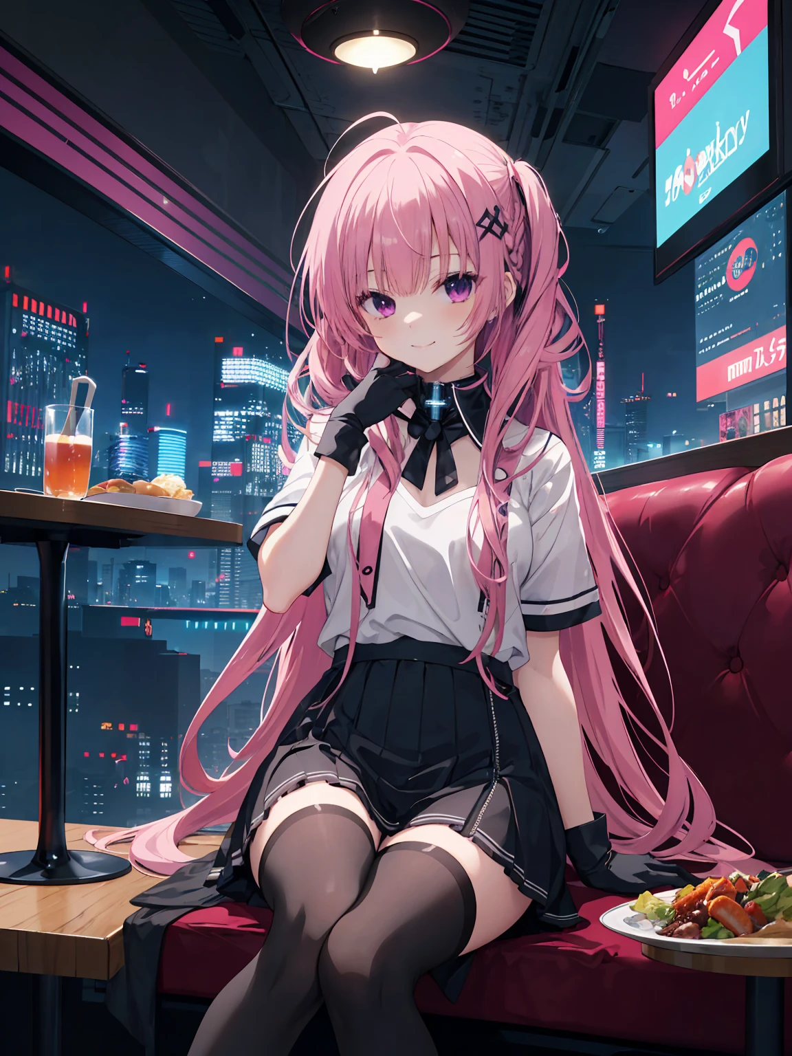 A girl，Solitary，Pink long hair，Moderate，Smile，Medium-length hair，Messy hair，Short sleeve，Short sleeve game clothes，Black skirt，Black gloves，cyberpunk Characters,night, night city background，cyberpunk, Anime style 4k, Sitting on the sofa，indoors，In the restaurant，Black Stockings，Mitsukasa Ayase、character-centered