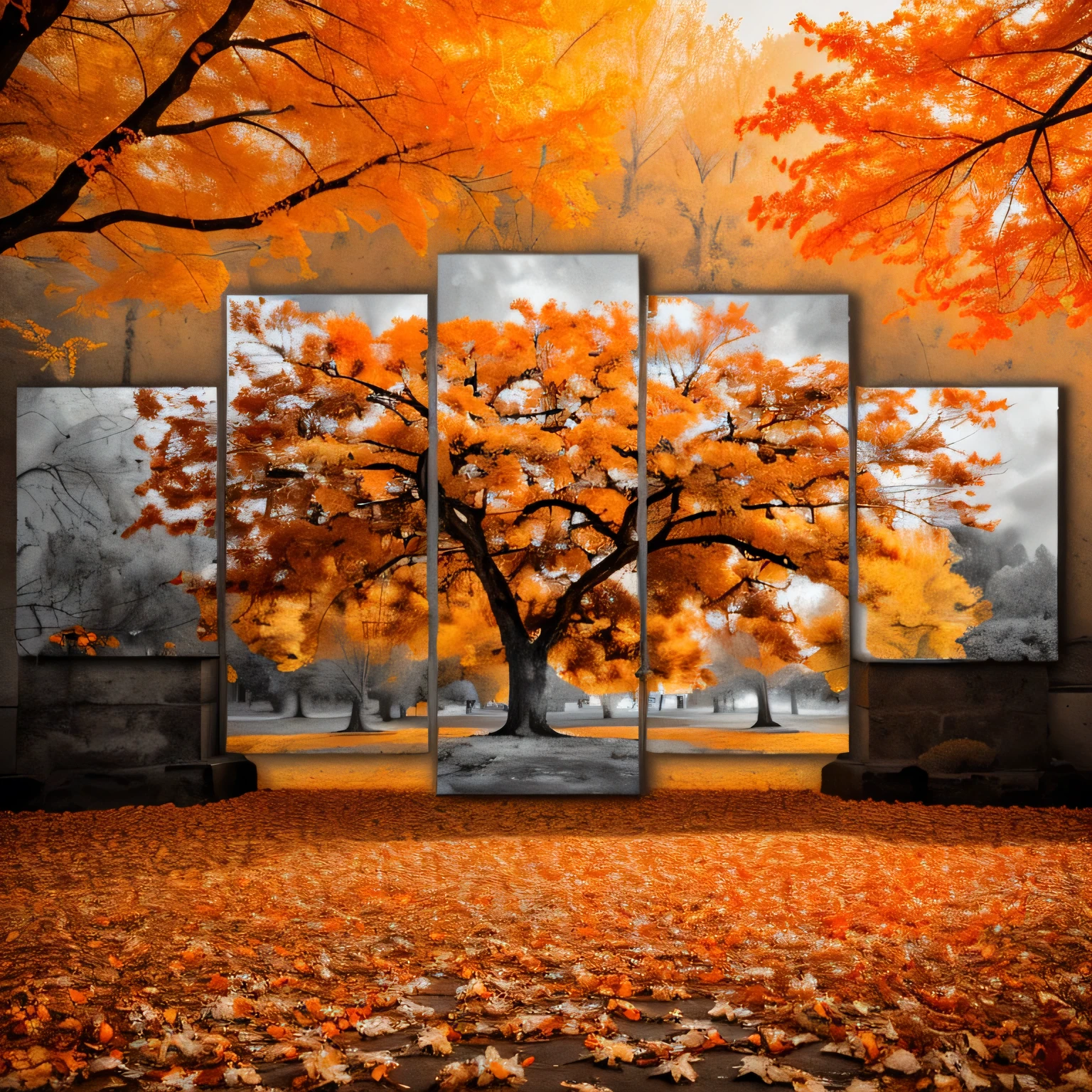 a black and white photo of a tree with orange leaves, Gray and orange colors, Dark gray and orange colors, gray orange, gray orange branco, canvas art, canvas art print, autumn colorful oaks, gray screen, closer view, tempera, beautiful composition, red trees, vibrant orange, but dark, Maple tree, poster color on screen, beautiful composition