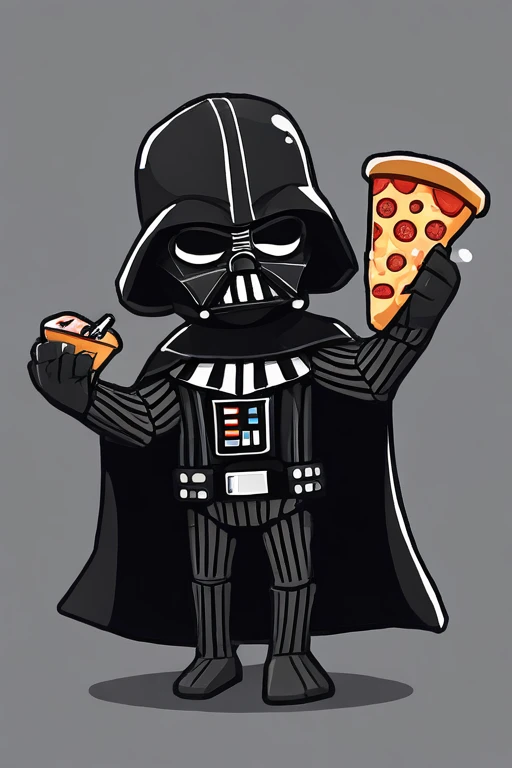 PEBTD6Style,cartoon,
 PEDarthVader, holding a pizza and also eating ice cream

