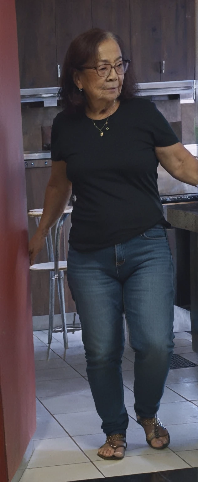 Old woman in black shirt and jeans standing in kitchen with a dog, middle shot waist up, uhd candid photo of dirty, distant full body shot, black extremely tight jeans, zoomed out full body, standing in a restaurant, wearing jeans, close up to a skinny, low quality video, ( ( ( wearing jeans ) ) ), full body profile camera shot