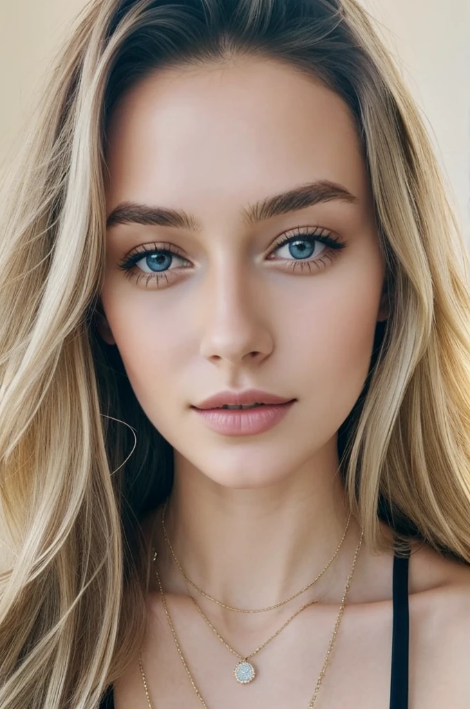 1 fille dans, 23 ans, seulement, cheveux longs, Colossal , regarder le spectateur, cheveux blond, épaules nues, yeux bleus, bijoux, Tout le corps, un collier, hors des épaules, Chandails, réaliste, Un , souriant, joli visage