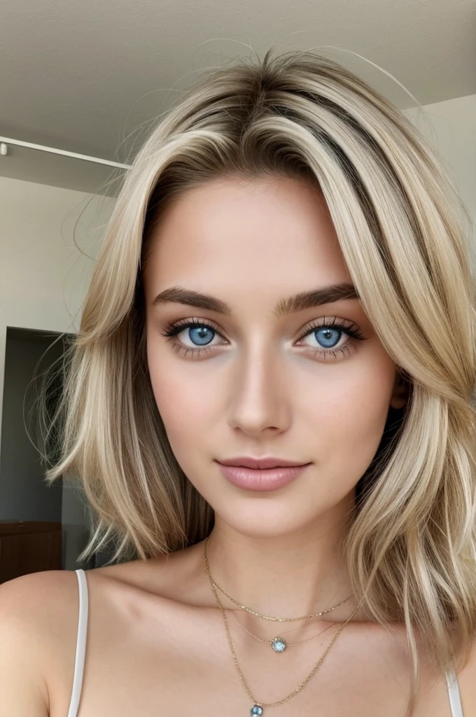1 fille dans, 23 ans, seulement, cheveux longs, Colossal , regarder le spectateur, cheveux blond, épaules nues, yeux bleus, bijoux, Tout le corps, un collier, hors des épaules, Chandails, réaliste, Un sexy, souriant, joli visage