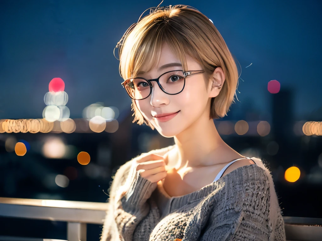 Japanese girl in casual clothes、Observe the audience、Tokyo cityscape at night、(Highest quality、masterpiece)))、HD Fine、Very detailed、masterpiece、Cinema Lighting、(8K、Highest quality、masterpiece:1.2)、(Realistic、Realistic:1.37) High resolution、Very detailed、Woman wearing glasses、A look of silence、Round Glasses、Asian, cute, cute顔, alone,Blonde Short Hair 1.2, Textured skin, Beautiful smile, Beautifully detailed night sky, Night view, Cinema Lighting, Written boundary depth, Lens flare light、date、(Blushing your nose)、、(Mouth closed)Small breasts、A beautiful eye for detail、(sweater:1.1)、(Blonde Short Hair:1.2)、Floating Hair Nova Frog Style、