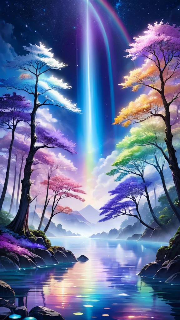 Fascinating, An otherworldly landscape enveloped in soft light, The rainbow glow of the three moons, Each has its own unique color、It has a bluish hue。, Silver Ethereal, and a deep amethyst color. In the foreground, Ancient, Towering trees with iridescent bark stand guard, The leaves sparkle like liquid mercury、Decorated with changing patterns. Under the tree, A clear river flows, The water reflects the color of the moon, A fish with milky white scales glides through the current.

In the distance, Floating islands made of luminous minerals float in a rainbow sky, Calm, Prismatic light reflects off the surreal terrain below. On one of these islands, Majestic, A rainbow-colored bird with wings like stained glass soars gracefully, Their feathers reflect the moonlight, creating breathtaking colors..

The audience watching this breathtaking spectacle, They can almost feel the gentle caress of an iridescent breeze。, Fascinating脈動する異世界の花の甘い香りを帯びている, hypnotic rhythm. The entire landscape appears to exist in a state of perpetual motion., Like a living thing, Breathing Entity, And the air itself is filled with an otherworldly energy beyond imagination..

This sight is a testament to the infinite wonder of the universe。, A symphony of color and light that evokes awe and wonder, Transporting the observer to a realm where the extraordinary is commonplace, Its beauty is incomparable.