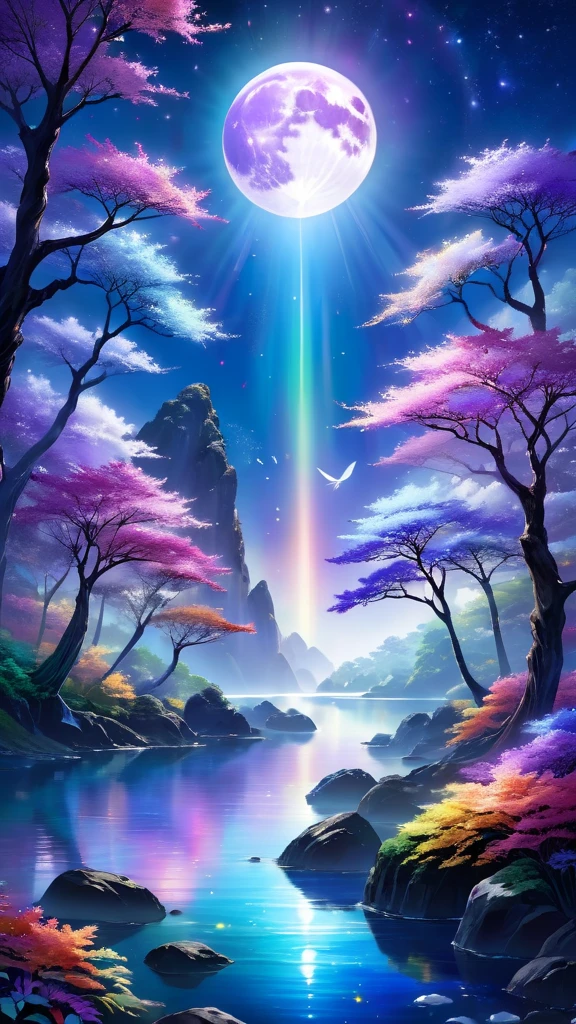Fascinating, An otherworldly landscape enveloped in soft light, The rainbow glow of the three moons, Each has its own unique color、It has a bluish hue。, Silver Ethereal, and a deep amethyst color. In the foreground, Ancient, Towering trees with iridescent bark stand guard, The leaves sparkle like liquid mercury、Decorated with changing patterns. Under the tree, A clear river flows, The water reflects the color of the moon, A fish with milky white scales glides through the current.
In the distance, Floating islands made of luminous minerals float in a rainbow sky, Calm, Prismatic light reflects off the surreal terrain below. On one of these islands, Majestic, A rainbow-colored bird with wings like stained glass soars gracefully, Their feathers reflect the moonlight, creating breathtaking colors..
The audience watching this breathtaking spectacle, They can almost feel the gentle caress of an iridescent breeze。, Fascinating脈動する異世界の花の甘い香りを帯びている, hypnotic rhythm. The entire landscape appears to exist in a state of perpetual motion., Like a living thing, Breathing Entity, And the air itself is filled with an otherworldly energy beyond imagination..
This sight is a testament to the infinite wonder of the universe。, A symphony of color and light that evokes awe and wonder, Transporting the observer to a realm where the extraordinary is commonplace, Its beauty is incomparable.