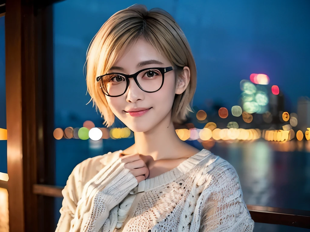 Japanese girl in casual clothes、Observe the audience、Tokyo cityscape at night、(Highest quality、masterpiece)))、HD Fine、Very detailed、masterpiece、Cinema Lighting、(8K、Highest quality、masterpiece:1.2)、(Realistic、Realistic:1.37) High resolution、Very detailed、Woman wearing glasses、A look of silence、Round Glasses、Asian, cute, cute顔, alone,Blonde Short Hair 1.2, Textured skin, Beautiful smile, Beautifully detailed night sky, Night view, Cinema Lighting, Written boundary depth, Lens flare light、date、(Blushing your nose)、、(Mouth closed)Small breasts、A beautiful eye for detail、(sweater:1.1)、(Blonde Short Hair:1.2)、Floating Hair Nova Frog Style、