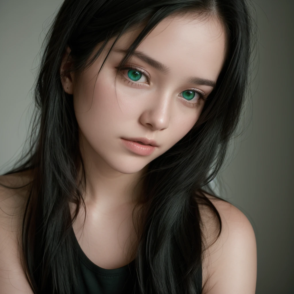 "A beautiful white woman, approximately 35 years old, with long, straight black hair falling over her shoulders, looking directly at the camera. She is wearing a black shirt (emphasized), in a portrait style with a white background (emphasized). The image is taken with studio lighting, ensuring high quality and adding a touch of film grain. Captured with a Fujifilm XT3, the photo is centralized and showcases perfect green eyes."