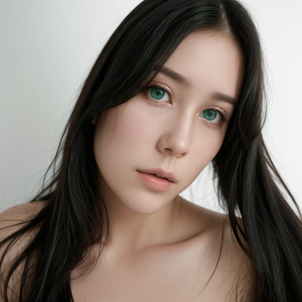 "A beautiful white woman, approximately 35 years old, with long, straight black hair falling over her shoulders, looking directly at the camera. She is wearing a black shirt (emphasized), in a portrait style with a white background (emphasized). The image is taken with studio lighting, ensuring high quality and adding a touch of film grain. Captured with a Fujifilm XT3, the photo is centralized and showcases perfect green eyes."