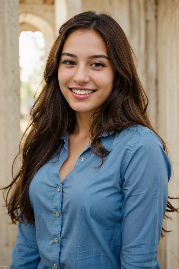 a photo-realistic portrait of a beautiful Palestinian woman with long brown hair, blue shirt, white teeth, and a cute smile, with highly detailed and realistic facial features, modest expression, and realistic white skin tone