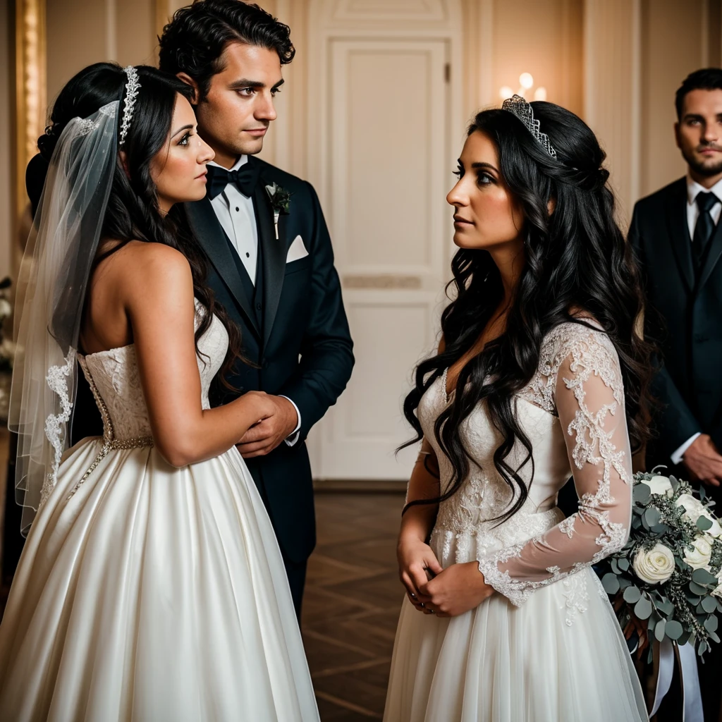 A dark couple, husband and wife looking into eachothers eyes. The groom stares down at his bride who has wavy dark long hair and the bride looks up at the groom who has curly fluffy hair. They look dark and eery