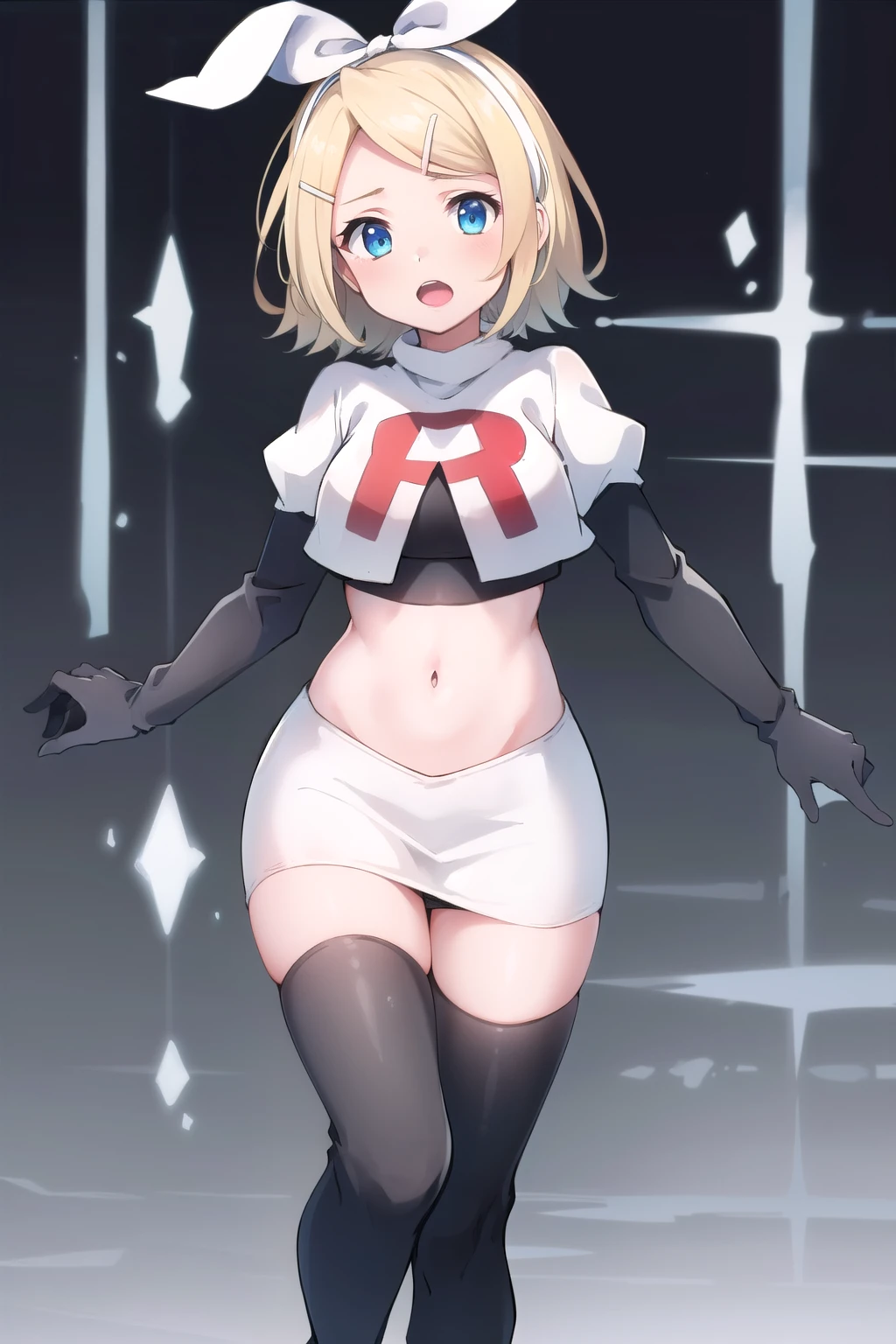 masterpiece, best quality, absurdres, perfect anatomy, 1girl, solo, Kagamine Rin, short hair, bow, team rocket,team rocket uniform,white skirt,red letter R,crop top,black thigh-highs,black elbow gloves
