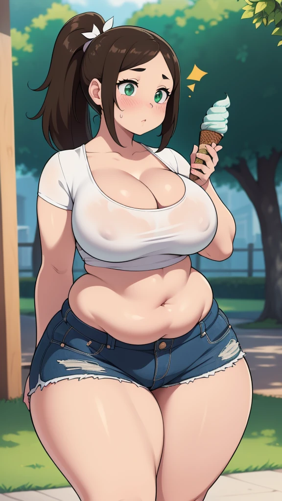 ((Masterpiece)), perfect anatomy, perfect shading, field of depth, (best quality), extremely delicate and beautiful, perfect lighting, detailed face, ultra cute face, cute, (1girl), (solo),
short fluffy brown hair, ponytail, green eyes, ((blush)), embarrassed, looking at viewer, crop top, shorts, cleavage, medium breasts, ((thick thighs)), ((wide hips)), fat ass, chubby,
intricate background, detailed background, park, standing, holding ice cream,