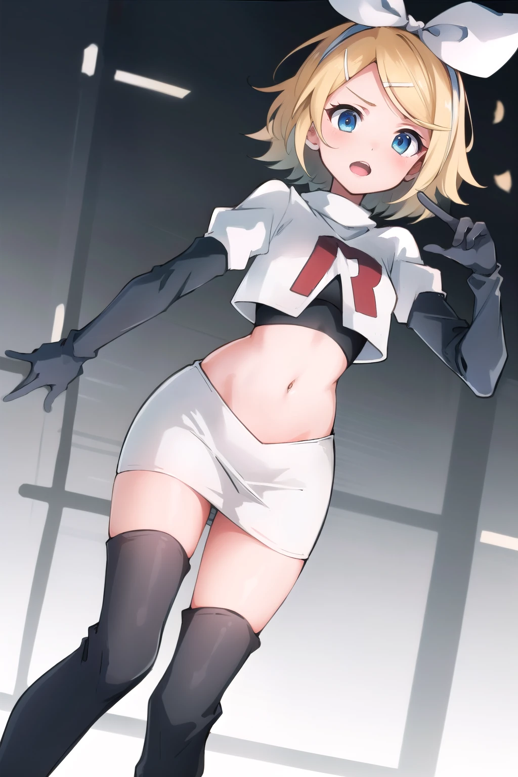 masterpiece, best quality, absurdres, perfect anatomy, 1girl, solo, Kagamine Rin, short hair, bow, team rocket,team rocket uniform,white skirt,red letter R,crop top,black thigh-highs,black elbow gloves