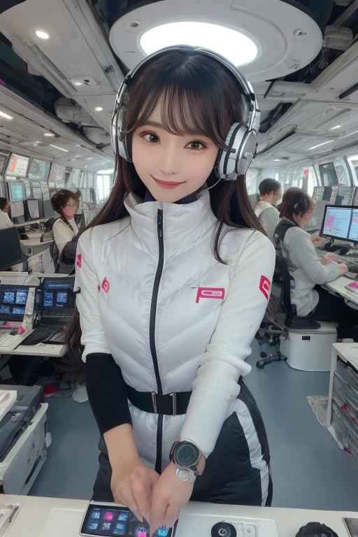 masterpiece, Highest quality, Very detailed, 8K Portrait,Japanese Android Girl,plump , Control panel,Robotic arms and legs, Blunt bangs,,break (Metallic Gray, Metallic luster, Mirror finish, Astro Best):5,headphone:5,break (Black sleeves):100,Smart Watches,Futuristic space station,Control Room,break headphone,blue eyes,(Black Hair):2,(Long Hair):1.3,Displaying the viewer,(respirator),break blush:3,Hidden Hand,smile