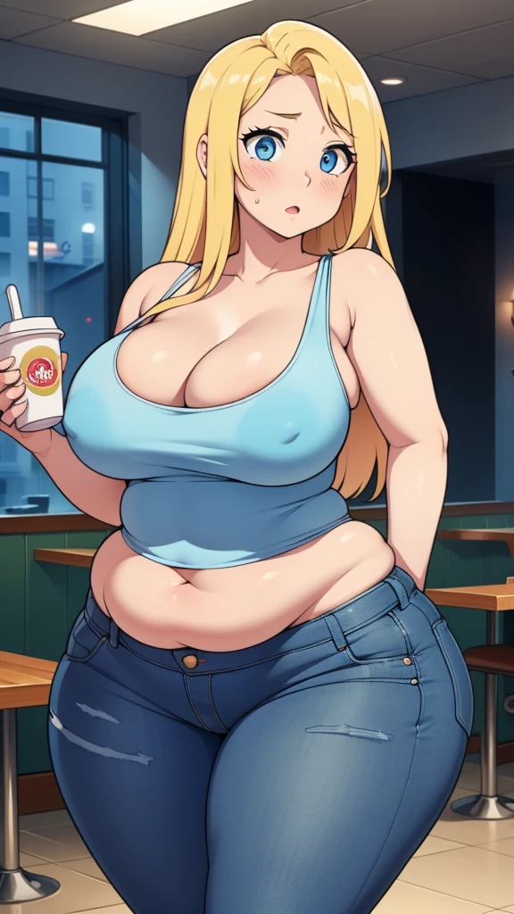 ((Masterpiece)), perfect anatomy, perfect shading, field of depth, (best quality), extremely delicate and beautiful, perfect lighting, detailed face, ultra cute face, cute, (1girl), (solo),

long fluffy blonde hair, blue eyes, ((blush)), nervous, looking at viewer, tank top, jeans, cleavage, large breasts, ((thick thighs)), (wide hips), fat ass, chubby, 

intricate background, detailed background, fast food restaurant, standing, 
