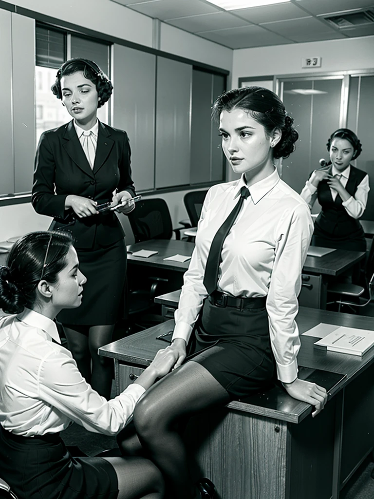 1950 Era Office woman sitting in an office chair dressed in office skirt suit with two women co-workers pouring pitchers of water on head, overhead fire sprinklers on spraying water into office, wet office suits, wet ,oily pantyhose, water running thru clothes
