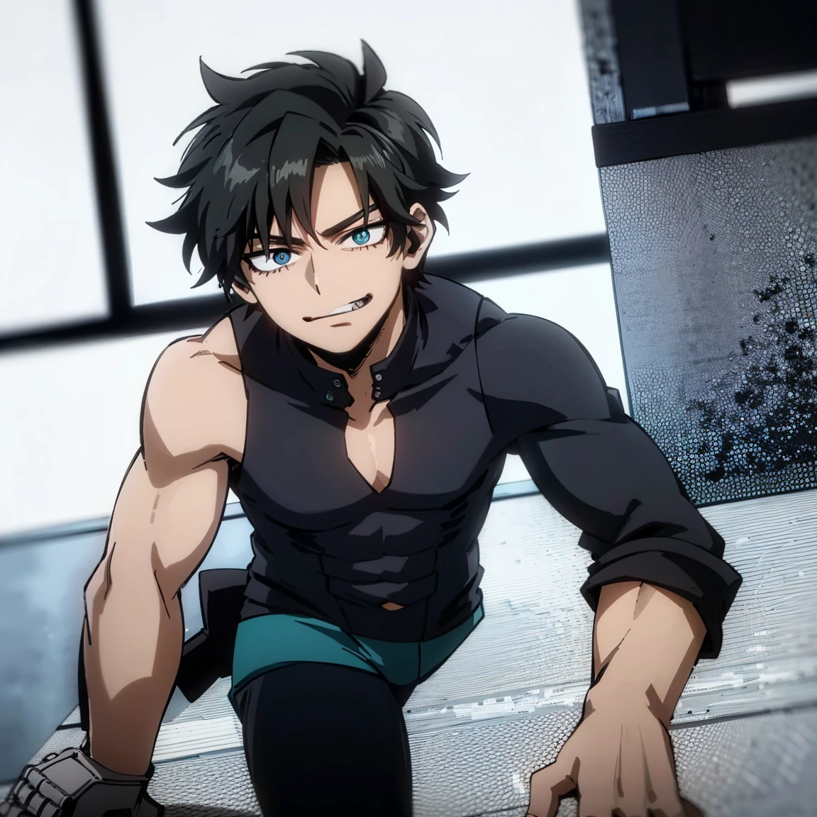 1boy, male focus, muscular body, short curly hair, black hair, blue eyes, smirk, gray jacket, white shirt, teal pants, boots