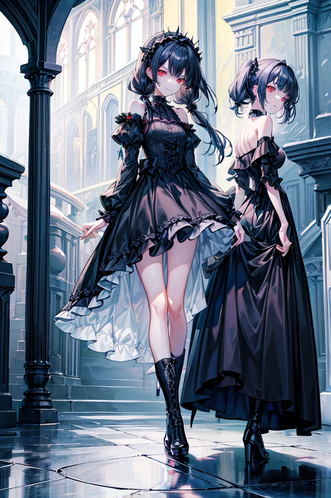 [(church background:1.4)::5],Original,(Illustration:1.1),(Best Quality),(masutepiece:1.1),(the Extremely Detailed CG Unity 8K Wallpapers:1.1), (Colorful:0.9),(mid-shot:0.95),(Full body:1.5),Dynamic Angle,(Solo:1.2), (girl),((Adult)), (Detailed beautiful eyes:1.15), (Beautiful face:1.15), (Glowing red eyes:1.25////),((dark blue long hair)),(Blunt bangs),(low twintails),(+perfect hand+:1.21),(Draw an illustration of a gothic girl),(Religious),(slender),(she has boots on her feet),((Wearing a black dress)),(Furious), Lace Off Shoulder Lolita Fashion,Beautiful slender woman,((Evil smile)),Dark blue short hair,Dark blue short hair,Laugh,evil smile,