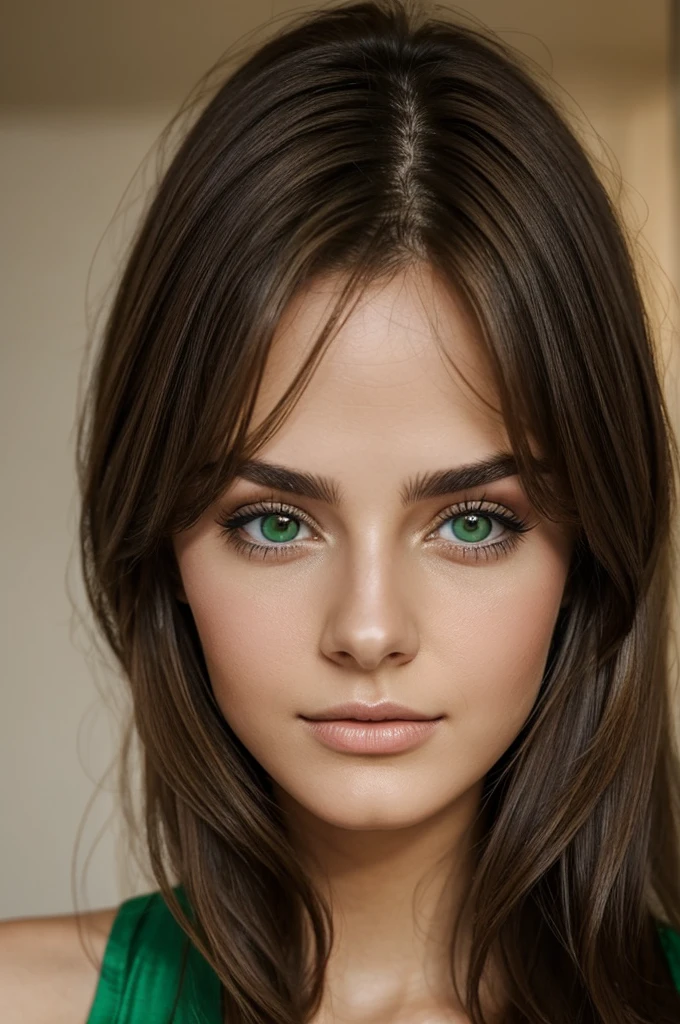 Female, 22 years-old, Italian, green eyes, medium-length hair, brown hair, face to camera, light make-up, realistic face, natural face, face without imperfections,