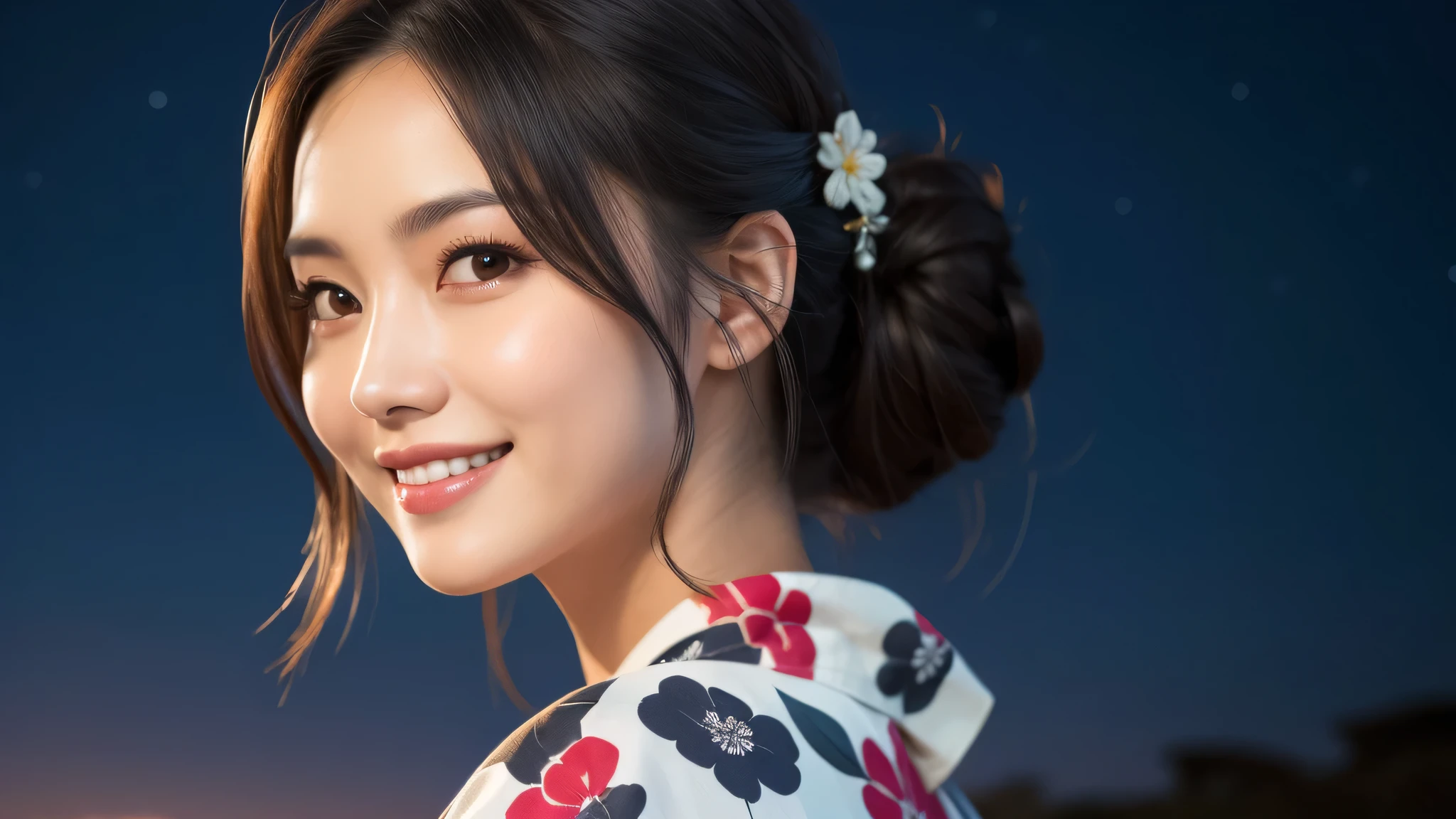 (1women), Updo hairstyle, (round eyes:1.2), (highly detailed face), (extremely detailed beautiful face), (smile happily), (floral pattern yukata), (Best Quality:1.4), (Ultra-detailed), extremely detailed CG unified 8k wallpaper, Realistic portrait, Beautiful detailed, High-definition raw color photos, professional photography, night sky, beautiful milky way, (fine face:1.2), focus on women, tanabata, 