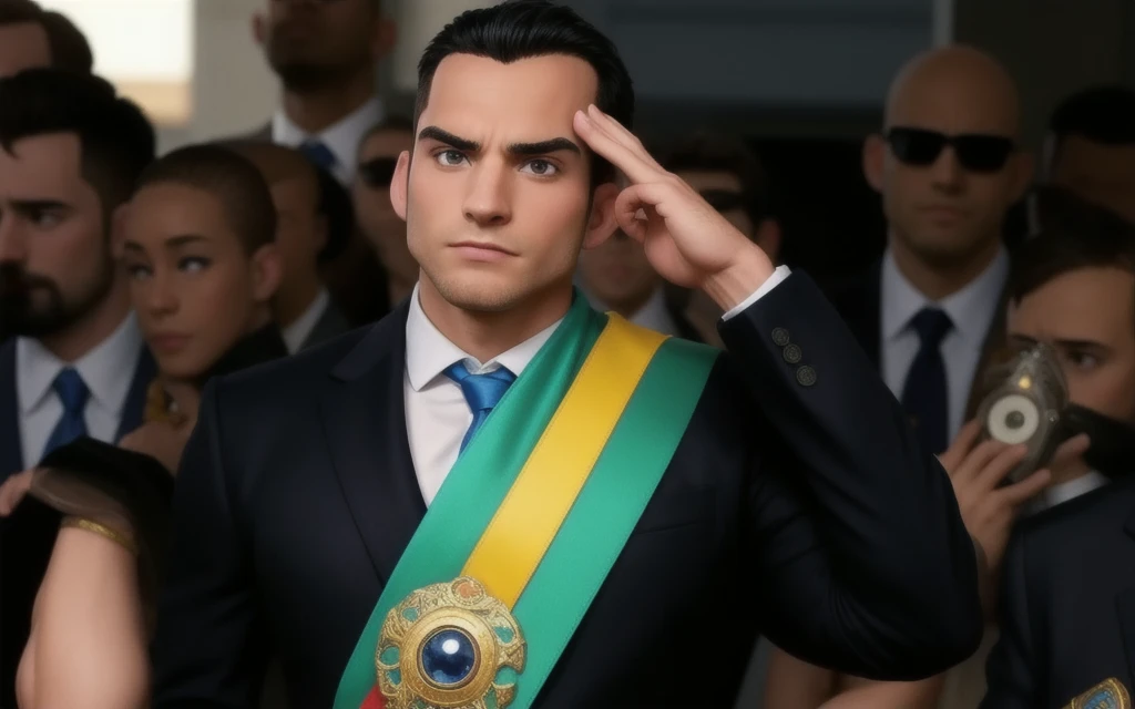 muscular man, black hair, bald in a suit with belt, doing pose
sense.