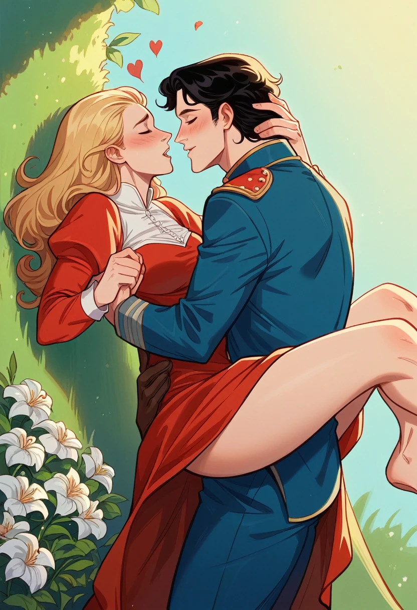 2 in 1 Niels Visser is a blonde prince, Wearing a medieval military uniform and falling in love with a commoner 2 Lily Collins, She has curly black hair and wears a red dress, They kissed very affectionately, Romance novel cover illustration。, Smooth, Light background full of flowers, art：Greg Hildebrand, Liu Ji-hye, Stepan Sejic, Sanyang, Aikut Aidgudu, Justin Gerard, Alphonse Mucha, artジェルム, Wow, Greg Rutkowski,NSFW,Sex