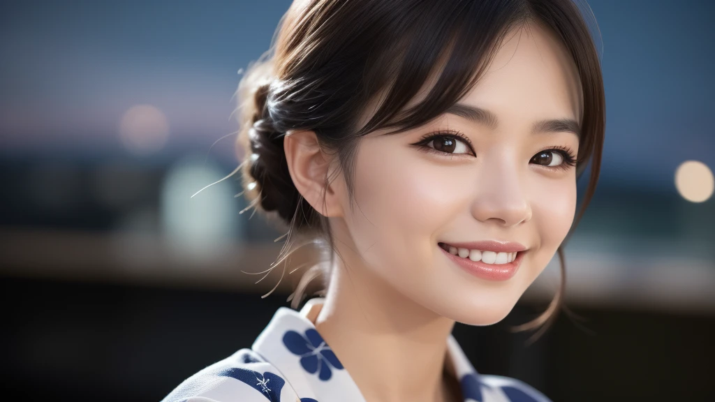 (1women), Updo hairstyle, (round eyes:1.2), (highly detailed face), (extremely detailed beautiful face), (smile happily), (floral pattern yukata), (Best Quality:1.4), (Ultra-detailed), extremely detailed CG unified 8k wallpaper, Realistic portrait, Beautiful detailed, High-definition raw color photos, professional photography, night sky, beautiful milky way, (fine face:1.2), focus on women, tanabata,