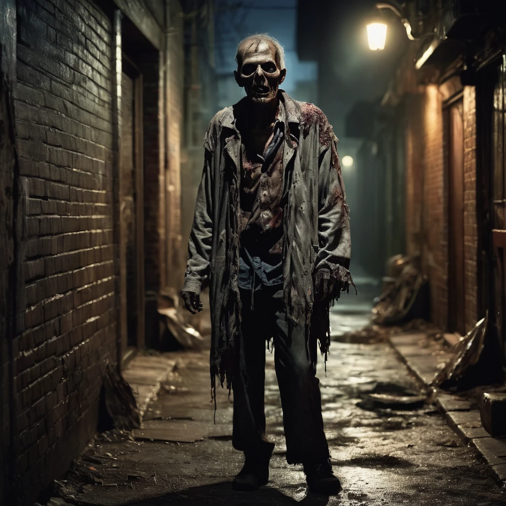 Realistic zombie, decaying flesh, tattered clothes, eerie atmosphere, Halloween theme, dark alley, moonlit night, photorealistic, high detail, creepy, dramatic lighting, spooky decorations.