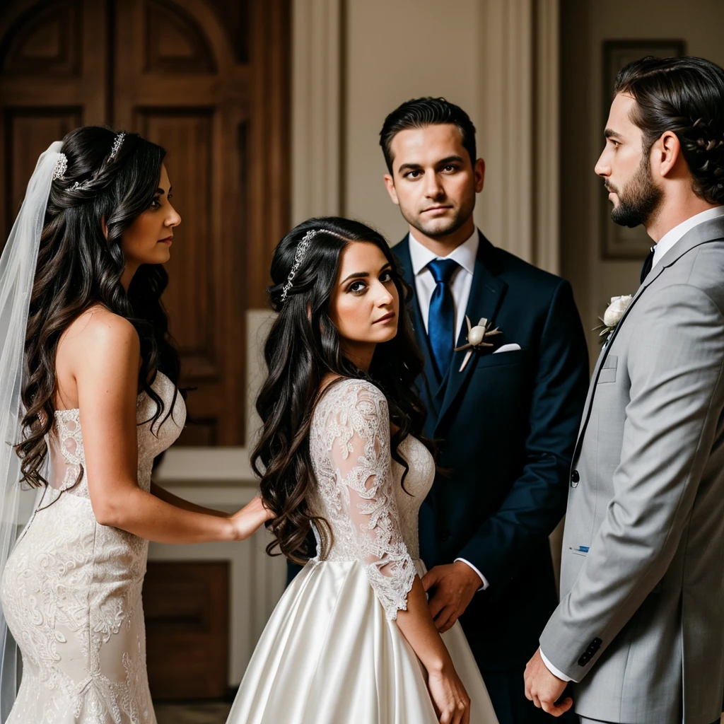 A dark couple, husband and wife looking into eachothers eyes. The groom stares down at his bride who has wavy dark long hair and the bride looks up at the groom who has curly fluffy hair. They look dark and eery