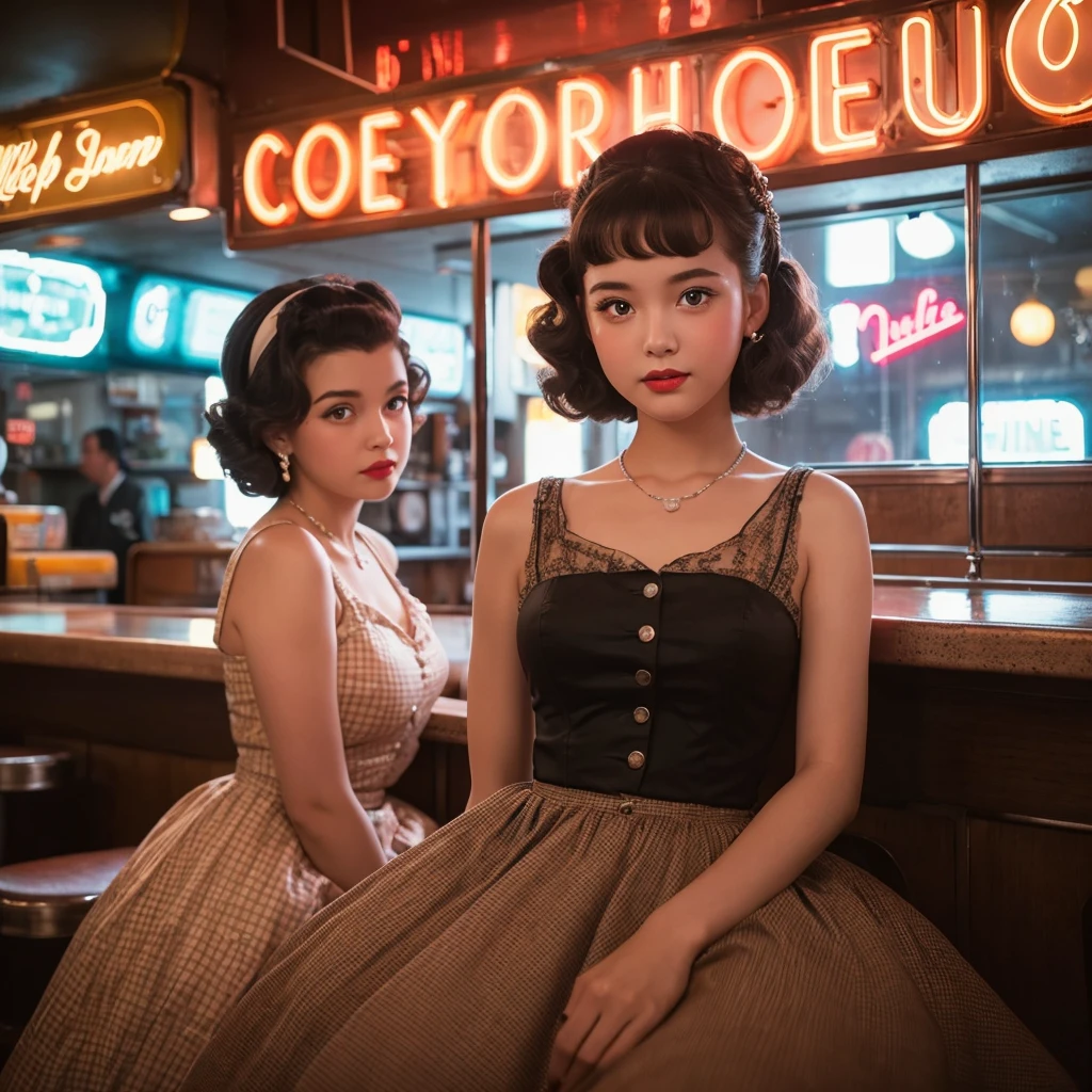 Girl in a 1950s dress, Comes with full skirt and petticoat, Her hair is styled in classic pin curls.. She should sit in an old-fashioned diner., Surrounded by vintage details like a jukebox, Chrome accents, Neon Signs. Her eyes should be sparkling with excitement., Her skin is soft、, Dramatic lighting. This scene should be shot on 35mm film., Beautiful depth of field and slight blur, Nostalgic background,, movie,