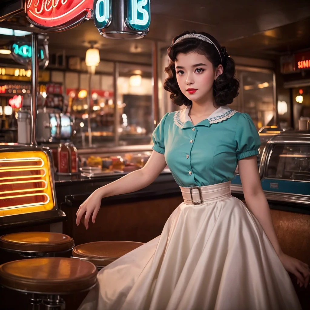 Girl in a 1950s dress, Comes with full skirt and petticoat, Her hair is styled in classic pin curls.. She should sit in an old-fashioned diner., Surrounded by vintage details like a jukebox, Chrome accents, Neon Signs. Her eyes should be sparkling with excitement., Her skin is soft、, Dramatic lighting. This scene should be shot on 35mm film., Beautiful depth of field and slight blur, Nostalgic background,, movie,