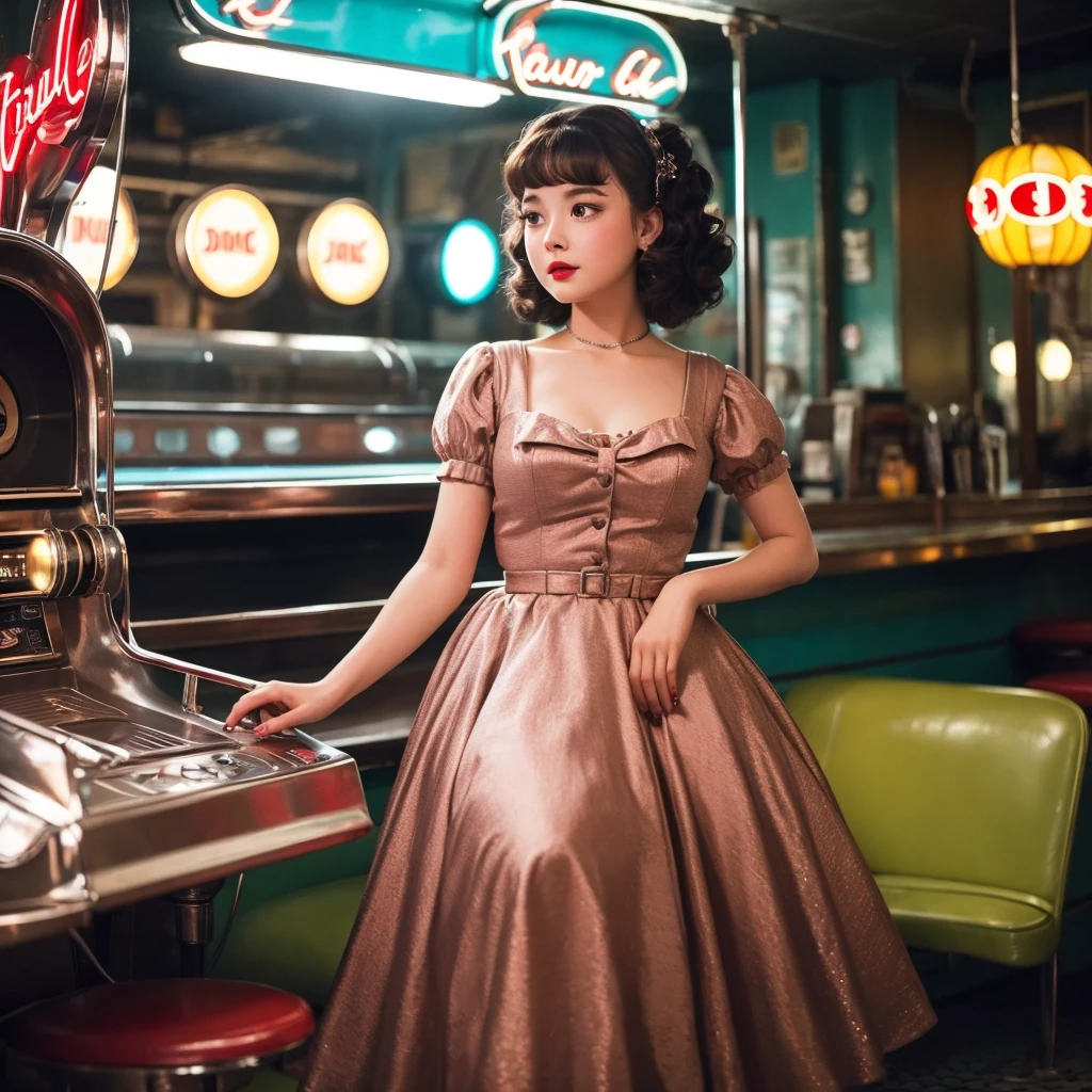 Girl in a 1950s dress, Comes with full skirt and petticoat, Her hair is styled in classic pin curls.. She should sit in an old-fashioned diner., Surrounded by vintage details like a jukebox, Chrome accents, Neon Signs. Her eyes should be sparkling with excitement., Her skin is soft、, Dramatic lighting. This scene should be shot on 35mm film., Beautiful depth of field and slight blur, Nostalgic background,, movie,