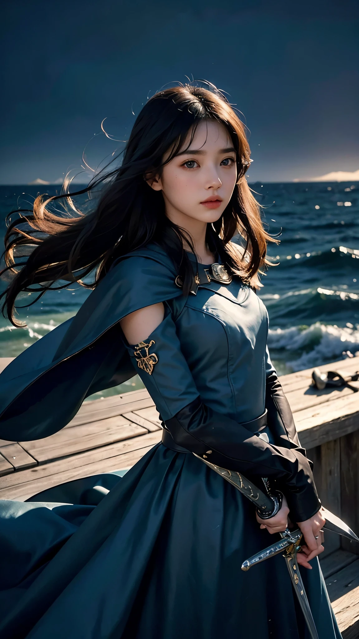 with high definition images,Young beautiful woman、Boat solo、Heroic Cape、Lonely、Highest quality、4K、HDR、Sea of stars、romantic、small、Sharp Focus、Super detailed、landscape、idealism、Large sword、dusk、High contrast、Dreamy atmosphere、Realistic、Black Hair、Piercing blue eyes、Stoic expression、Device、far away、Bokeh、Dramatically illuminated、Enchanting。