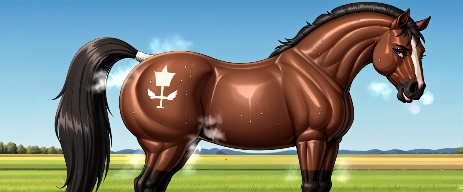 a very full figured very black skinned nude African woman riding a big Belgian draft horse mare (side view). big bum. very short tail. horse facing horizon . flat grass meadow. steaming horse dung behind horse. cloudless blue sky.