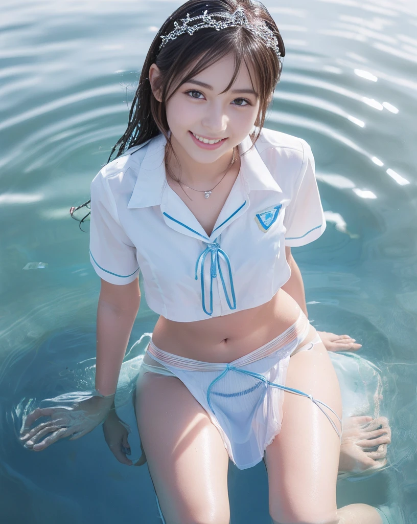 (NFSW)、(High resolution:1.5)、Highest quality,Very detailed,masterpiece,Super detailed,alone,(One 12 year old girl),((Summer School Uniforms:1.5)), Seraphim, ((skirt:1.5)),  smile, Thigh fetish images: 1.5、(((barefoot)))、(Her thighs and white bikini reflected in the clear blue water)、(reflected in water:1.5)、((I can see the white string panties:1.5))、(Cleavage)、((Clear blue seawater))、Summer sun、はしゃいだsmile、Beautiful Eyes、(pull-out-panties)、(Panties on knees)、Big necklace and tiara、The water is marine blue、(((Glossy thighs)))