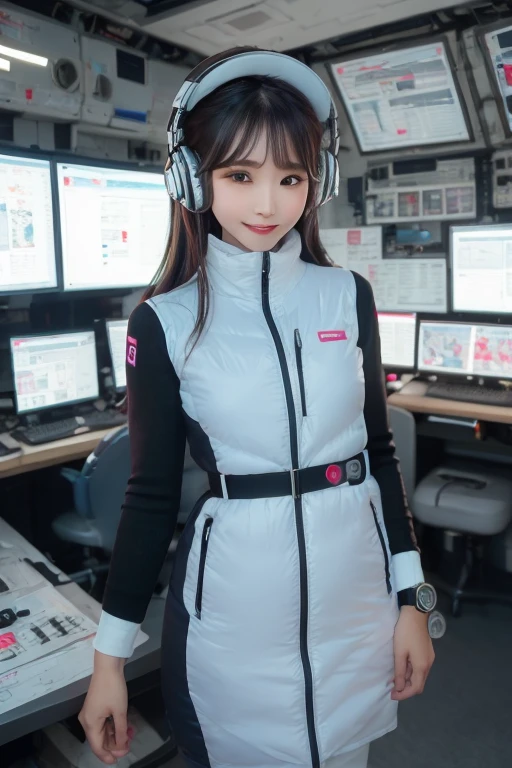 masterpiece, Highest quality, Very detailed, 8K Portrait,Japanese Android Girl,plump , Control panel,Robotic arms and legs, Blunt bangs,,break (Metallic Gray, Metallic luster, Mirror finish, Astro Best):5,headphone:5,break (Black sleeves):100,Smart Watches,Futuristic space station,Control Room,break headphone,blue eyes,(Black Hair):2,(Long Hair):1.3,Displaying the viewer,(respirator),break blush:3,Hidden Hand,smile