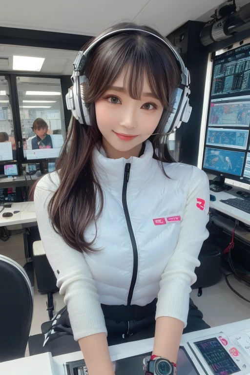 masterpiece, Highest quality, Very detailed, 8K Portrait,Japanese Android Girl,plump , Control panel,Robotic arms and legs, Blunt bangs,,break (Metallic Gray, Metallic luster, Mirror finish, Astro Best):5,headphone:5,break (Black sleeves):100,Smart Watches,Futuristic space station,Control Room,break headphone,blue eyes,(Black Hair):2,(Long Hair):1.3,Displaying the viewer,(respirator),break blush:3,Hidden Hand,smile