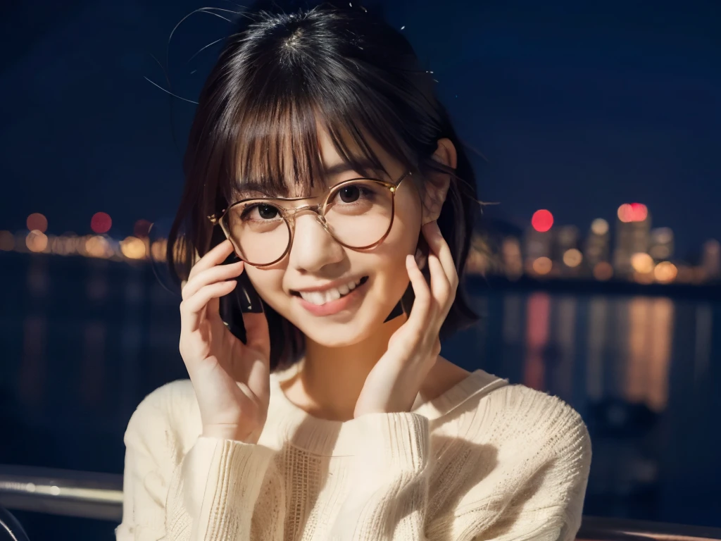 Japanese girl in casual clothes、Observe the audience、Tokyo cityscape at night、(Highest quality、masterpiece)))、HD Fine、Very detailed、masterpiece、Cinema Lighting、(8K、Highest quality、masterpiece:1.2)、(Realistic、Realistic:1.37) High resolution、Very detailed、Woman wearing glasses、A look of silence、Round Glasses、Asian, cute, cute顔, alone,Blonde Short Hair 1.2, Textured skin, Beautiful smile, Beautifully detailed night sky, Night view, Cinema Lighting, Written boundary depth, Lens flare light、date、(Blushing your nose)、、(Mouth closed)Small breasts、A beautiful eye for detail、(sweater:1.1)、(Blonde Short Hair:1.2)、Floating Hair Nova Frog Style、