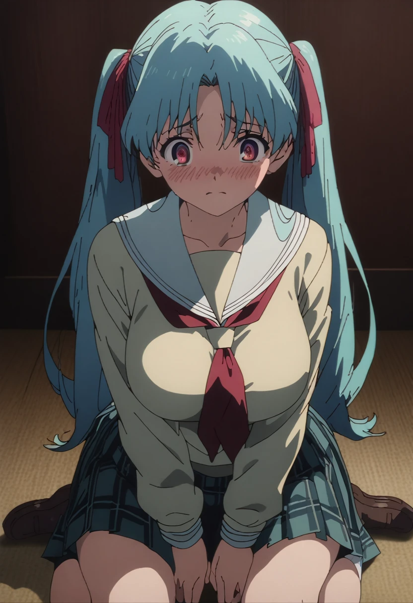cel-shaded, 1990s anime, detailed, high quality, atmospheric, masterpiece, best quality, very aesthetic, absurdres, anime screencap, miku. 1girl, solo, red eyes, detailed eyes, blue hair, twintails, long twintails, hair ribbons, miniskirt, plaid miniskirt, (school uniform:1.5), indoors, curvy body, big breasts, blush, sad, cowboy shot, wariza, front view