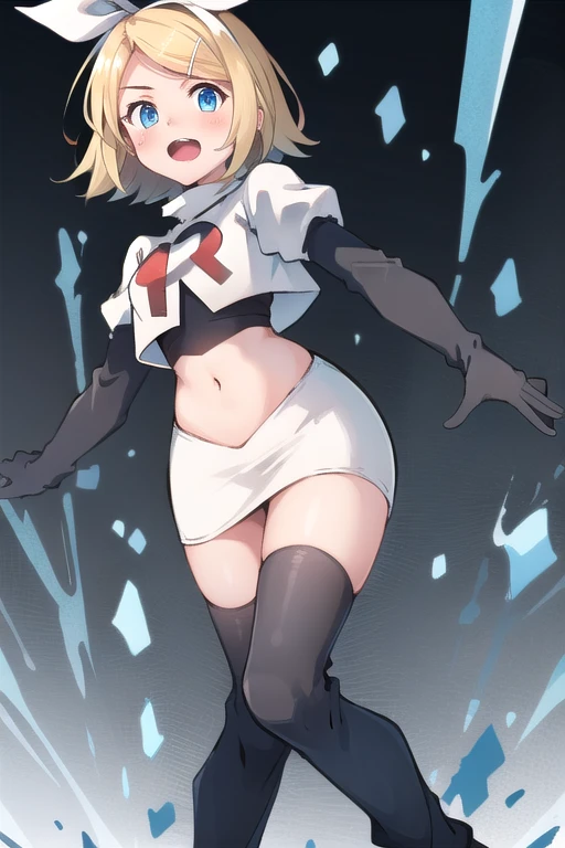 masterpiece, best quality, absurdres, perfect anatomy, 1girl, solo, Kagamine Rin, short hair, bow, team rocket,team rocket uniform,white skirt,red letter R,crop top,black thigh-highs,black elbow gloves